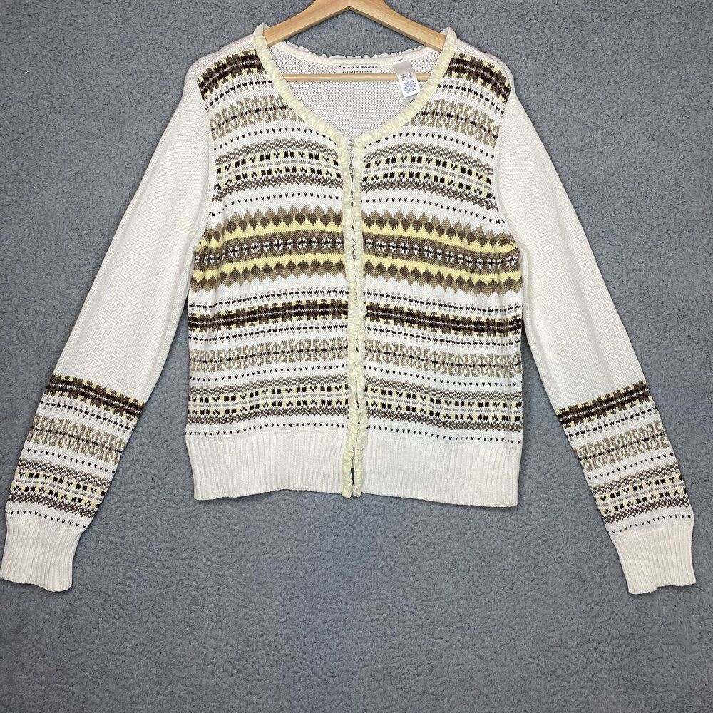 Crazy Horse Fair Isle Ruffle Ivory Brown XL womens Cardigan Sweater Long Sleeve